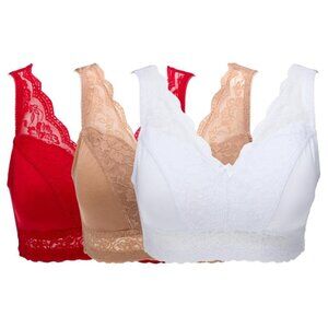 Rhonda Shear 3 Pack Classic Pin Up Bra Size Medium Lace Scarlet Red White Sienna